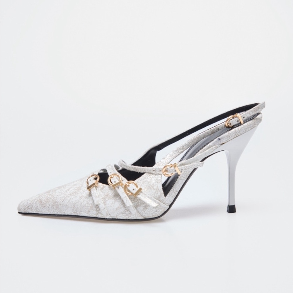 White Cracked Pu Point Toe Multi Buckle Low Heeled
Court Shoes - Picture 3 of 4